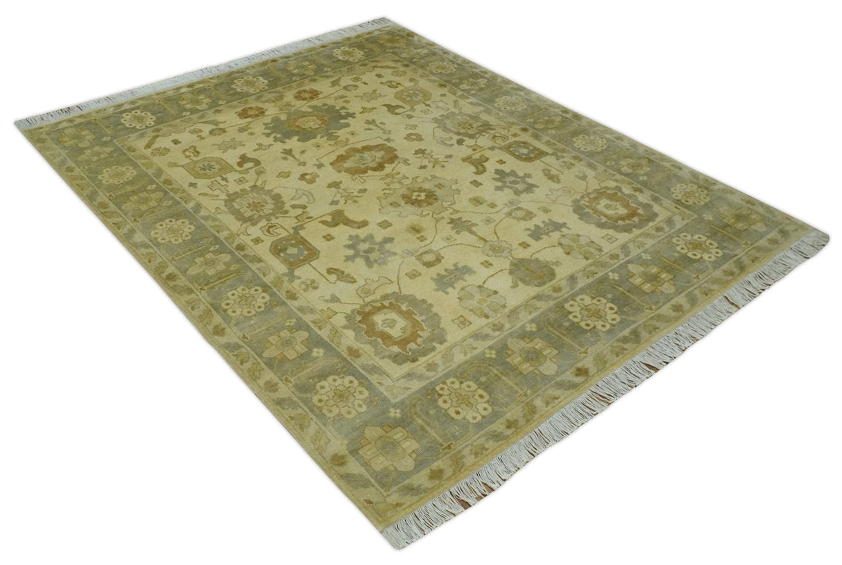 Olive, Beige and Gray Hand Knotted Traditional Oushak 8x10 wool Area Rug