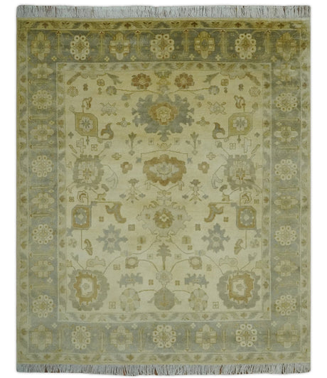 Olive, Beige and Gray Hand Knotted Traditional Oushak 8x10 wool Area Rug