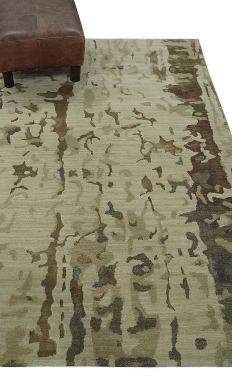 Olive, Brown and Charcoal Hand knotted 4x6 Abstract Wool and Art Silk Area Rug