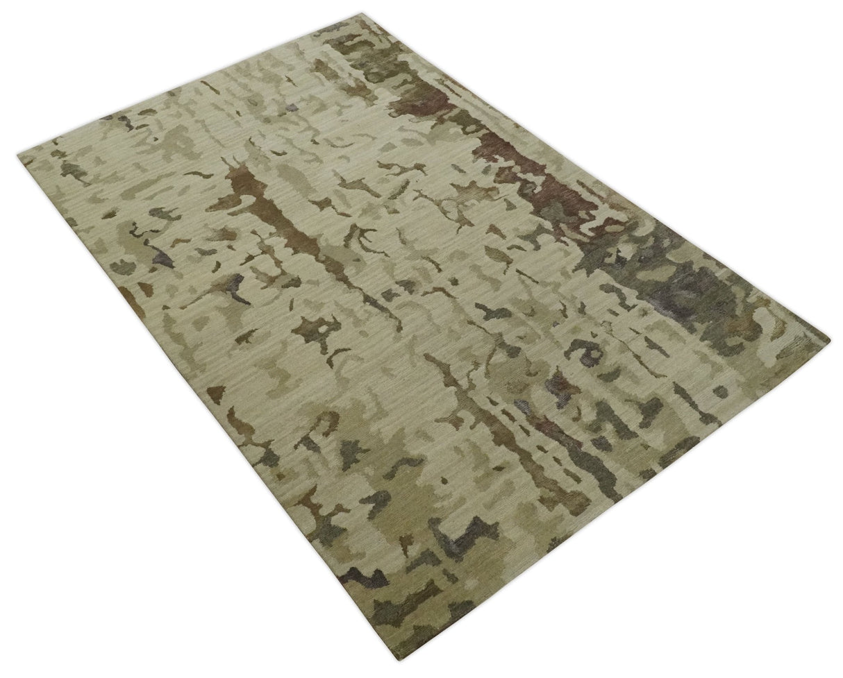 Olive, Brown and Charcoal Hand knotted 4x6 Abstract Wool and Art Silk Area Rug