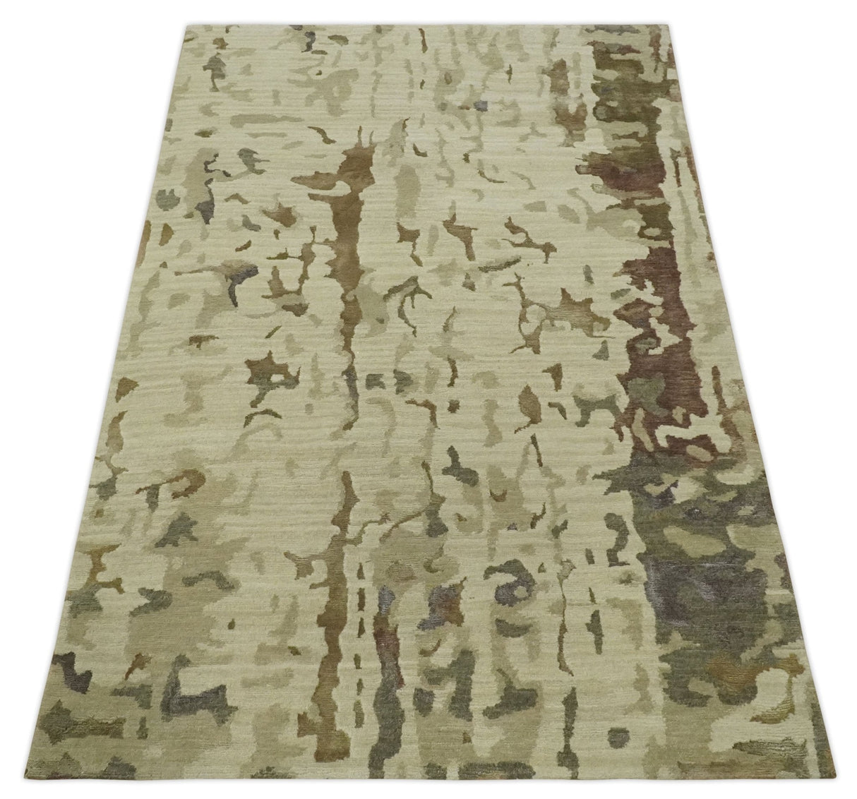 Olive, Brown and Charcoal Hand knotted 4x6 Abstract Wool and Art Silk Area Rug
