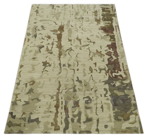 Olive, Brown and Charcoal Hand knotted 4x6 Abstract Wool and Art Silk Area Rug