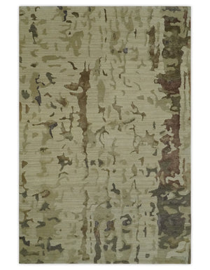 Olive, Brown and Charcoal Hand knotted 4x6 Abstract Wool and Art Silk Area Rug