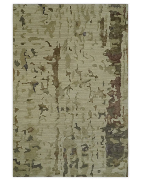 Olive, Brown and Charcoal Hand knotted 4x6 Abstract Wool and Art Silk Area Rug