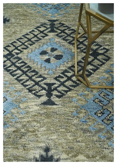 Olive, Charcoal and Blue Hand Knotted Traditional Mamluk Design 5x8 wool area Rug