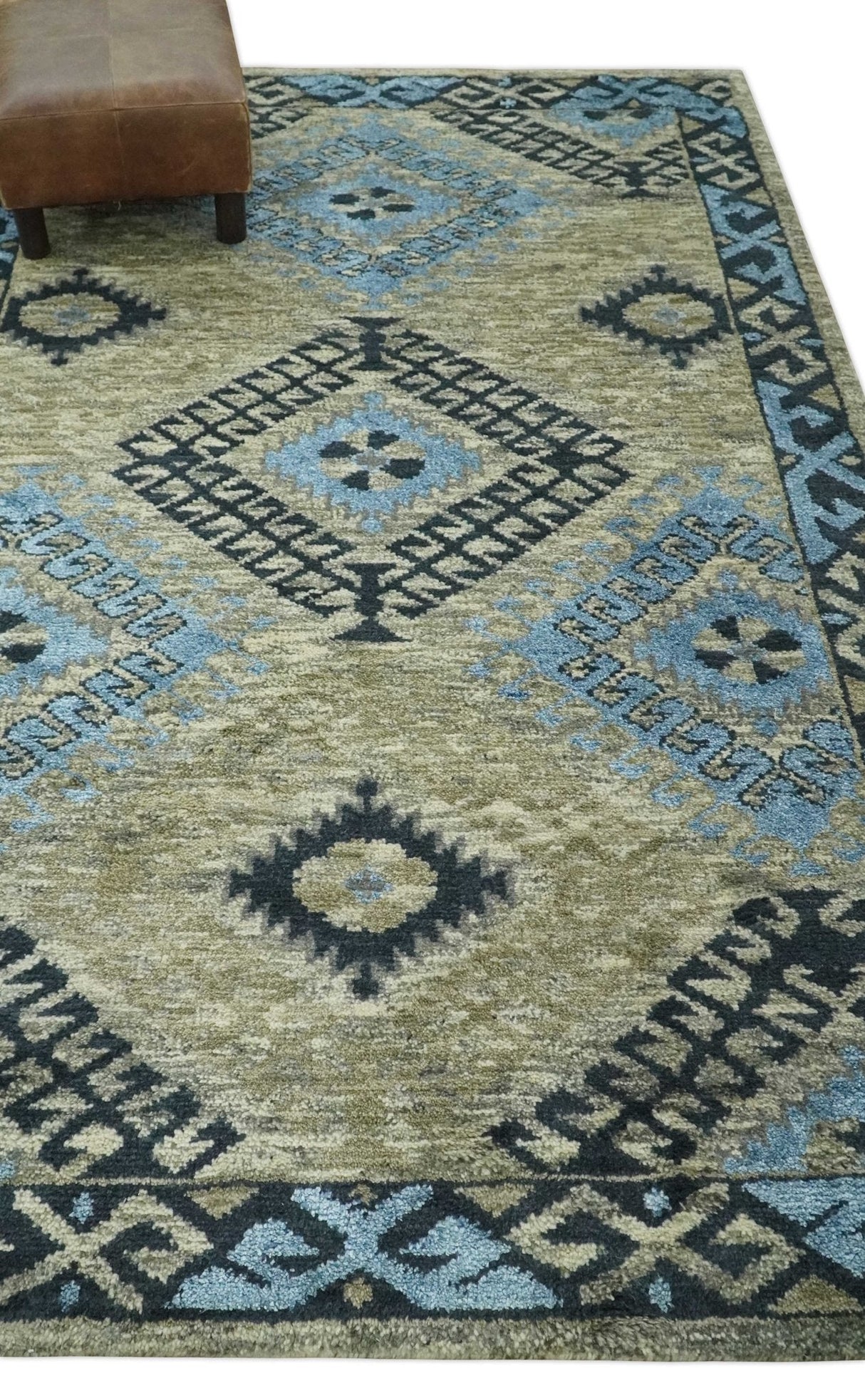 Olive, Charcoal and Blue Hand Knotted Traditional Mamluk Design 5x8 wool area Rug