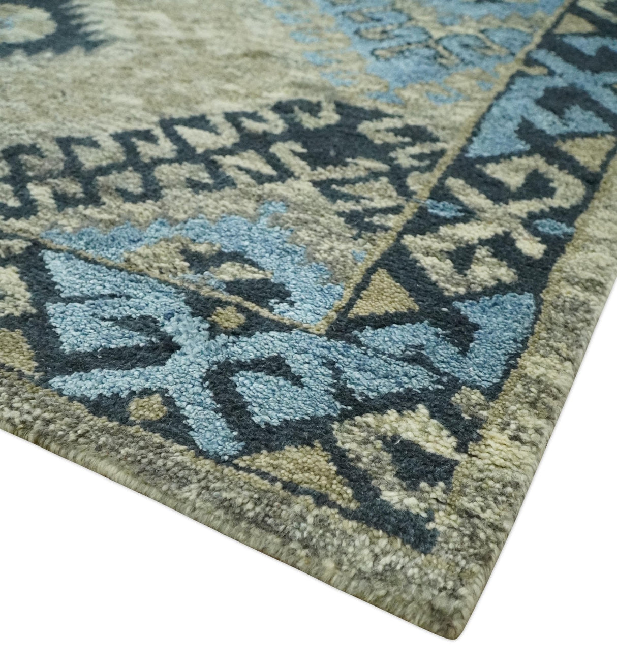 Olive, Charcoal and Blue Hand Knotted Traditional Mamluk Design 5x8 wool area Rug