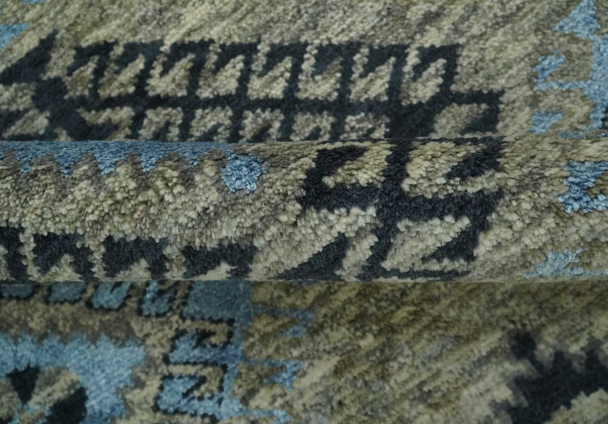 Olive, Charcoal and Blue Hand Knotted Traditional Mamluk Design 5x8 wool area Rug