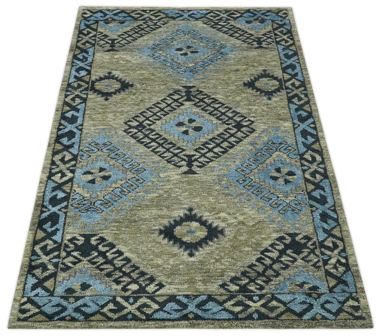Olive, Charcoal and Blue Hand Knotted Traditional Mamluk Design 5x8 wool area Rug
