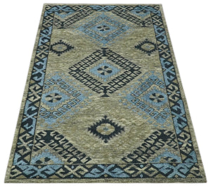 Olive, Charcoal and Blue Hand Knotted Traditional Mamluk Design 5x8 wool area Rug