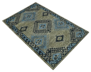 Olive, Charcoal and Blue Hand Knotted Traditional Mamluk Design 5x8 wool area Rug