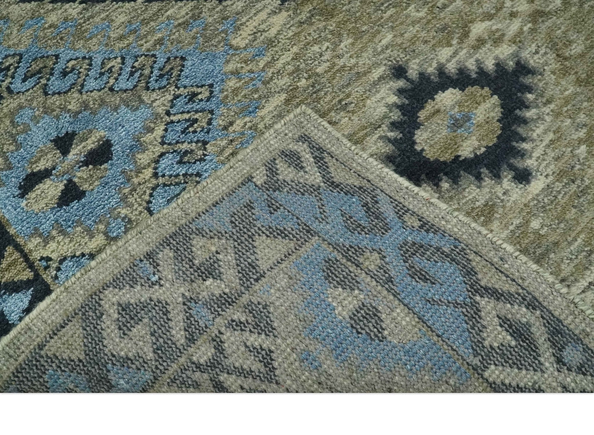 Olive, Charcoal and Blue Hand Knotted Traditional Mamluk Design 5x8 wool area Rug