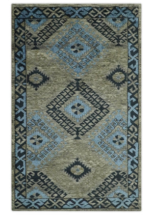 Olive, Charcoal and Blue Hand Knotted Traditional Mamluk Design 5x8 wool area Rug