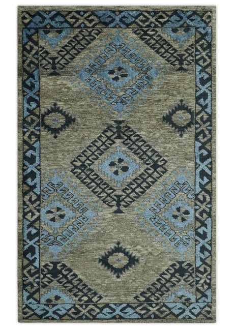 Olive, Charcoal and Blue Hand Knotted Traditional Mamluk Design 5x8 wool area Rug