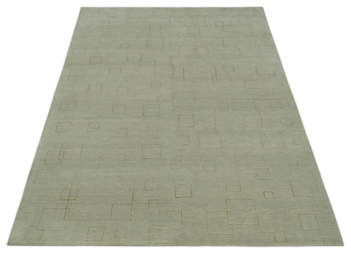 Olive Hand Knotted 5.6x8 Modern Geometric Wool and Silk Area Rug
