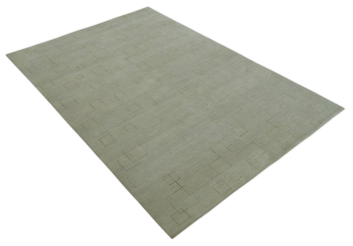 Olive Hand Knotted 5.6x8 Modern Geometric Wool and Silk Area Rug