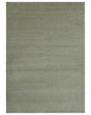 Olive Hand Knotted 5.6x8 Modern Geometric Wool and Silk Area Rug