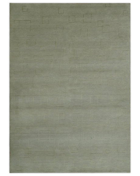 Olive Hand Knotted 5.6x8 Modern Geometric Wool and Silk Area Rug