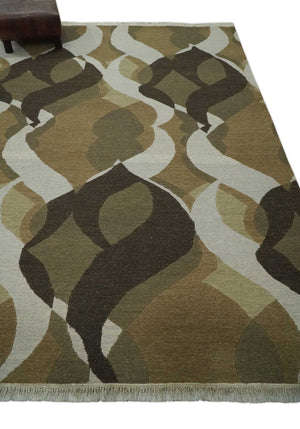 Olive, Ivory and Charcoal 6x9 Modern Abstract Hand Woven Soumak Dhurrie Wool Area Rug