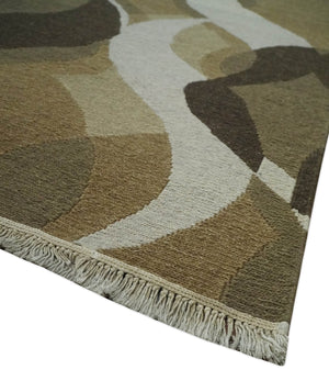 Olive, Ivory and Charcoal 6x9 Modern Abstract Hand Woven Soumak Dhurrie Wool Area Rug