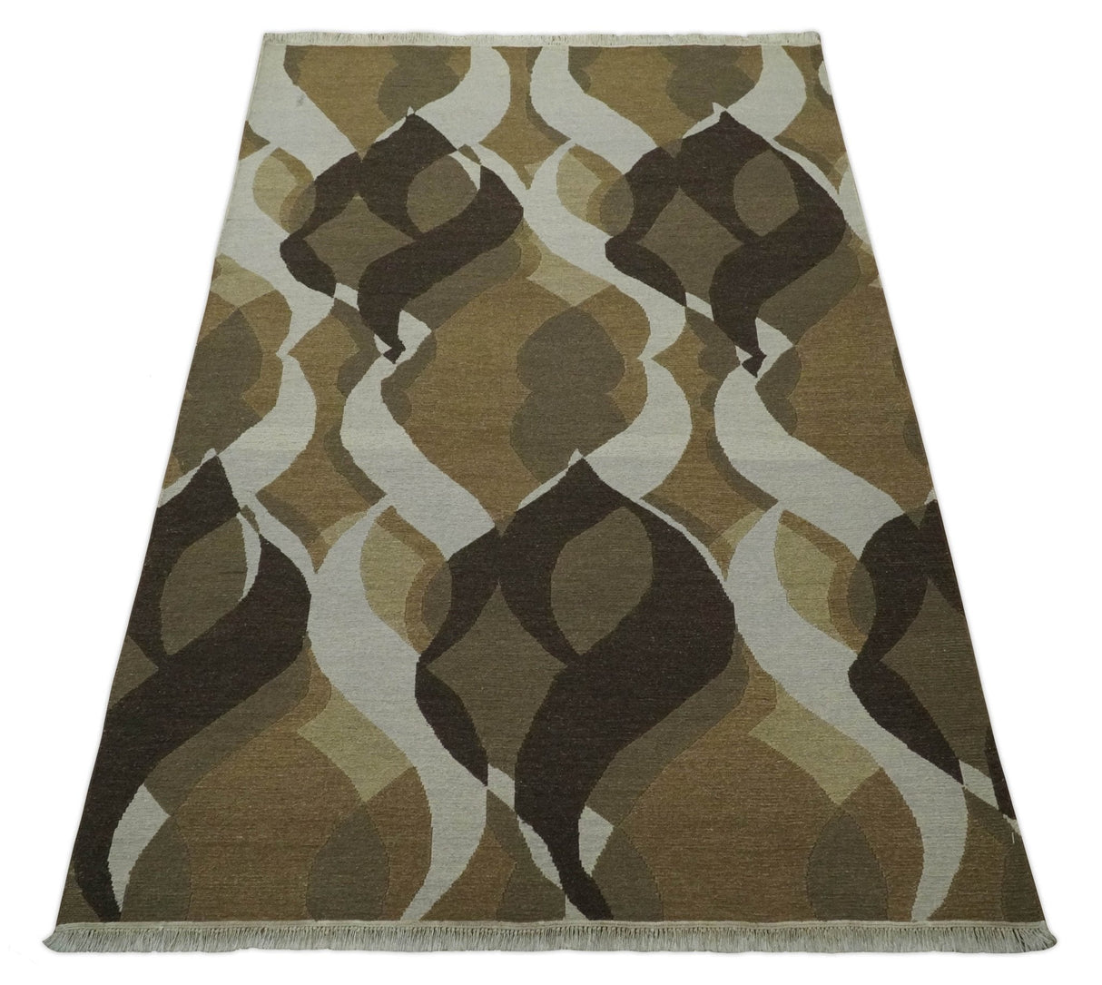 Olive, Ivory and Charcoal 6x9 Modern Abstract Hand Woven Soumak Dhurrie Wool Area Rug
