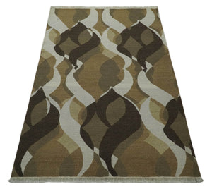 Olive, Ivory and Charcoal 6x9 Modern Abstract Hand Woven Soumak Dhurrie Wool Area Rug