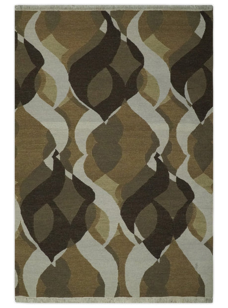 Olive, Ivory and Charcoal 6x9 Modern Abstract Hand Woven Soumak Dhurrie Wool Area Rug