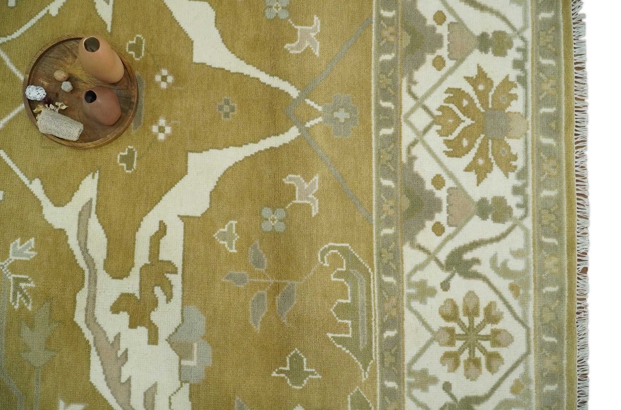 Olive, Ivory and Gray Hand knotted Oriental Oushak 9x12 wool Area Rug