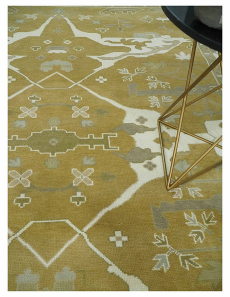 Olive, Ivory and Gray Hand knotted Oriental Oushak 9x12 wool Area Rug