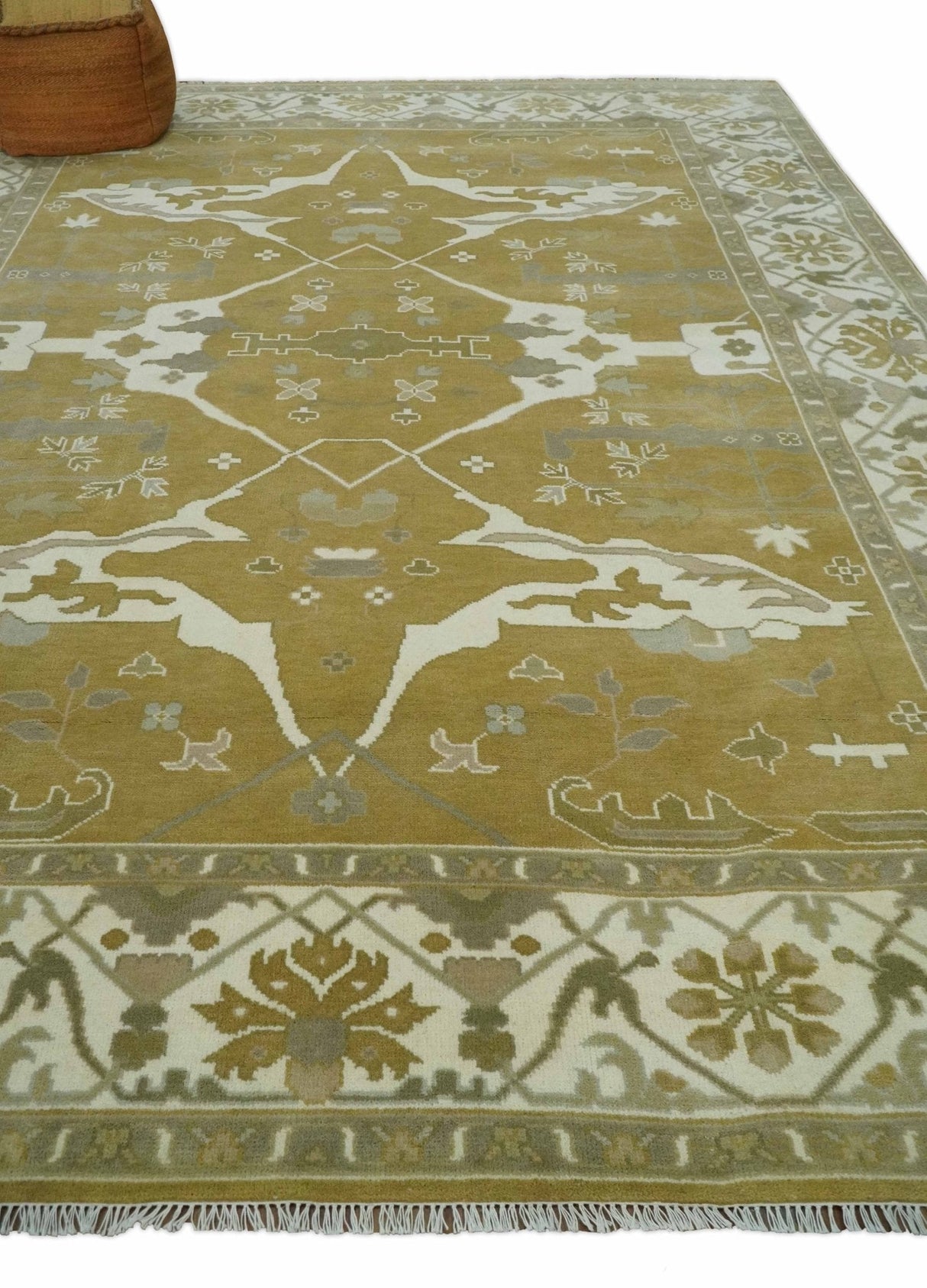 Olive, Ivory and Gray Hand knotted Oriental Oushak 9x12 wool Area Rug