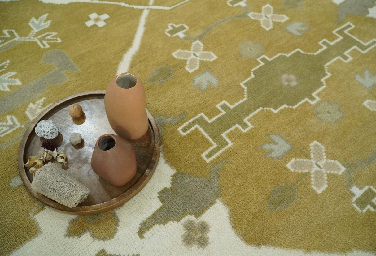 Olive, Ivory and Gray Hand knotted Oriental Oushak 9x12 wool Area Rug