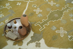 Olive, Ivory and Gray Hand knotted Oriental Oushak 9x12 wool Area Rug