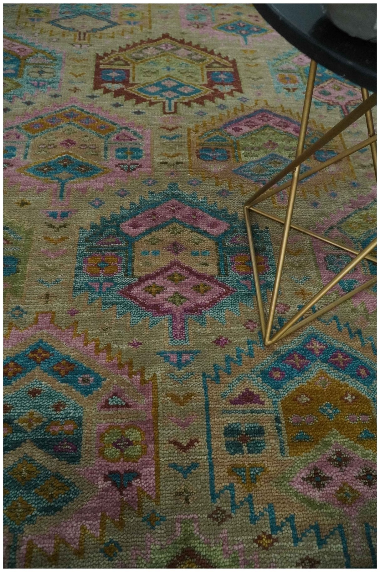 Olive, Teal, Brown and Pink Traditional Ikat Design Hand knotted 8x10 wool Area Rug
