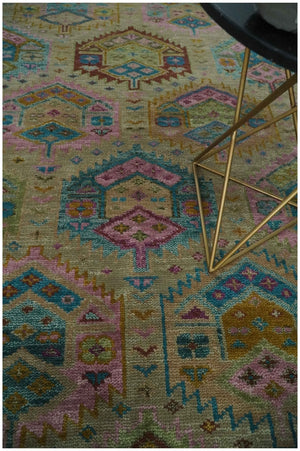 Olive, Teal, Brown and Pink Traditional Ikat Design Hand knotted 8x10 wool Area Rug