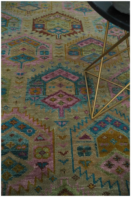 Olive, Teal, Brown and Pink Traditional Ikat Design Hand knotted 8x10 wool Area Rug