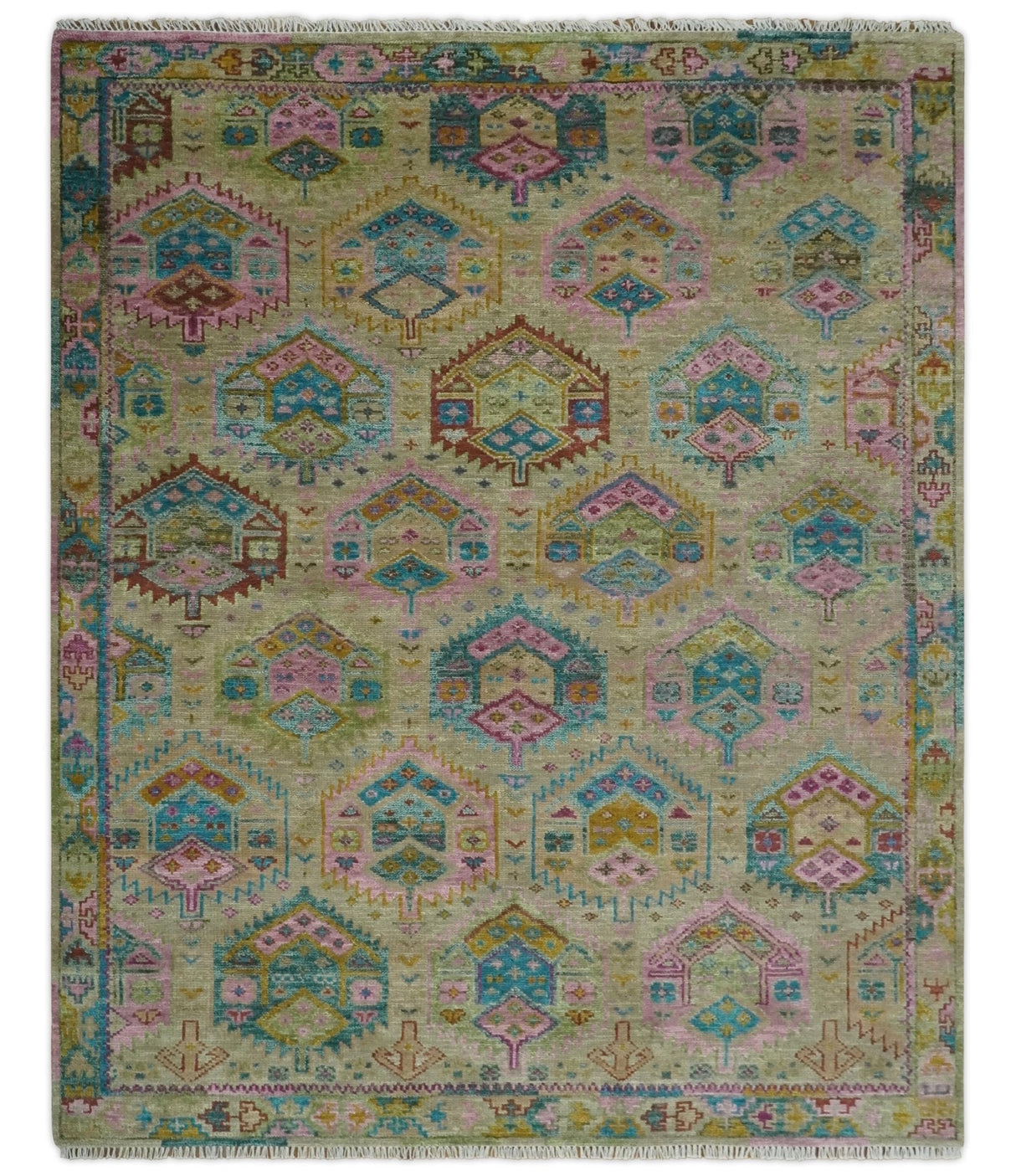 Olive, Teal, Brown and Pink Traditional Ikat Design Hand knotted 8x10 wool Area Rug