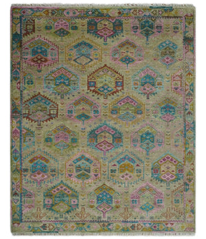 Olive, Teal, Brown and Pink Traditional Ikat Design Hand knotted 8x10 wool Area Rug
