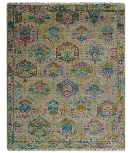 Olive, Teal, Brown and Pink Traditional Ikat Design Hand knotted 8x10 wool Area Rug