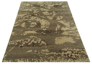 Olive and Brown Modern Abstract 5x8 Hand Knotted Wool and Silk Area Rug