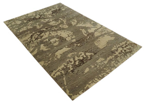 Olive and Brown Modern Abstract 5x8 Hand Knotted Wool and Silk Area Rug