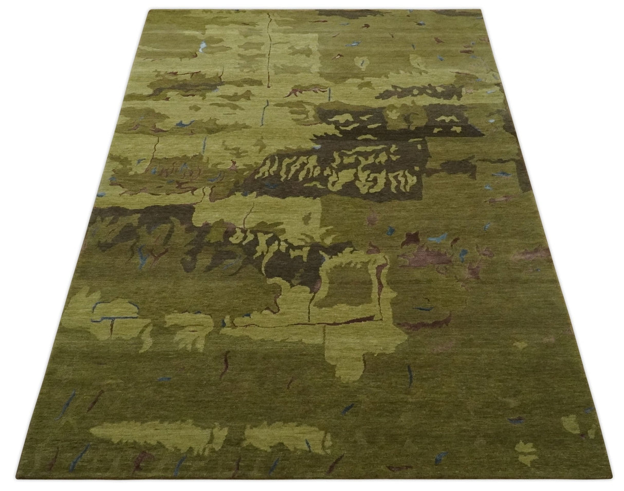 Olive and Brown Modern Abstract 6x9 Hand loom Wool and Silk Area Rug