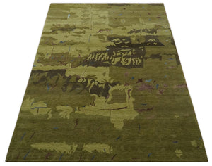 Olive and Brown Modern Abstract 6x9 Hand loom Wool and Silk Area Rug