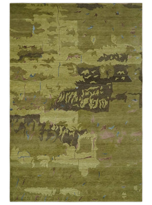 Olive and Brown Modern Abstract 6x9 Hand loom Wool and Silk Area Rug