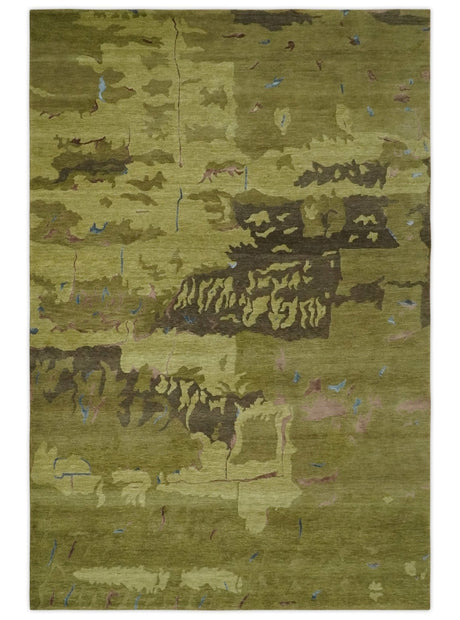Olive and Brown Modern Abstract 6x9 Hand loom Wool and Silk Area Rug