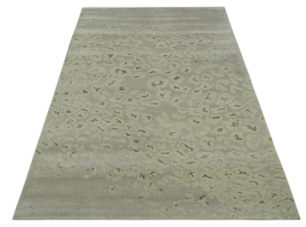 Olive and Dark Green and Silver 5x8 Hand Knotted Abstract Wool and Silk Area Rug