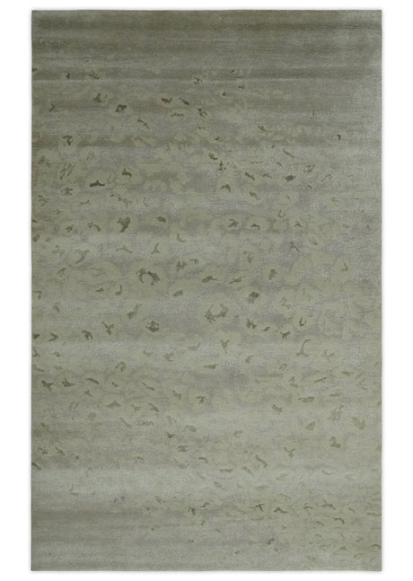 Olive and Dark Green and Silver 5x8 Hand Knotted Abstract Wool and Silk Area Rug