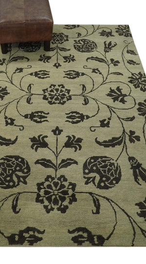 Olive and Dark green Hand Knotted 4x6 Floral Wool and Silk Area Rug