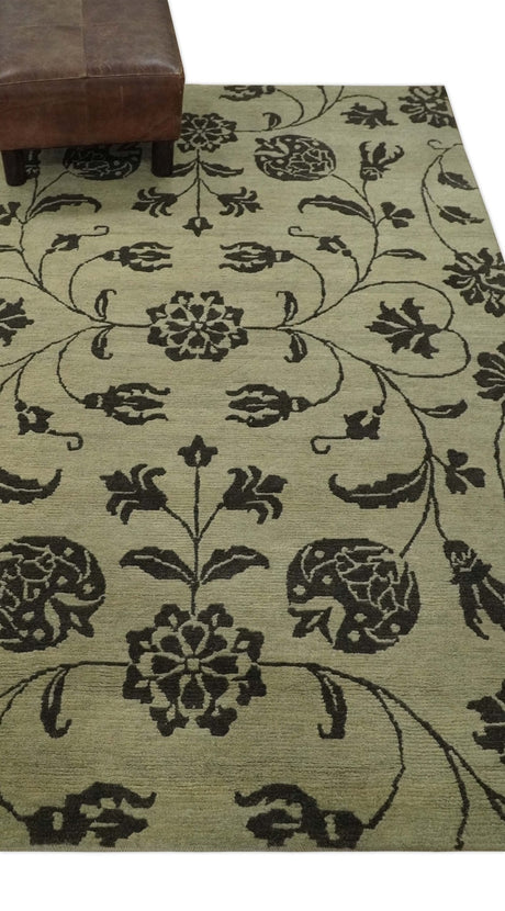 Olive and Dark green Hand Knotted 4x6 Floral Wool and Silk Area Rug