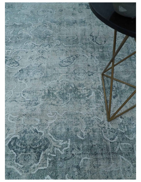 One of a Kind 8x10 Ivory, Gray and Charcoal Traditional Erased Hand Loomed Art Silk Area Rug
