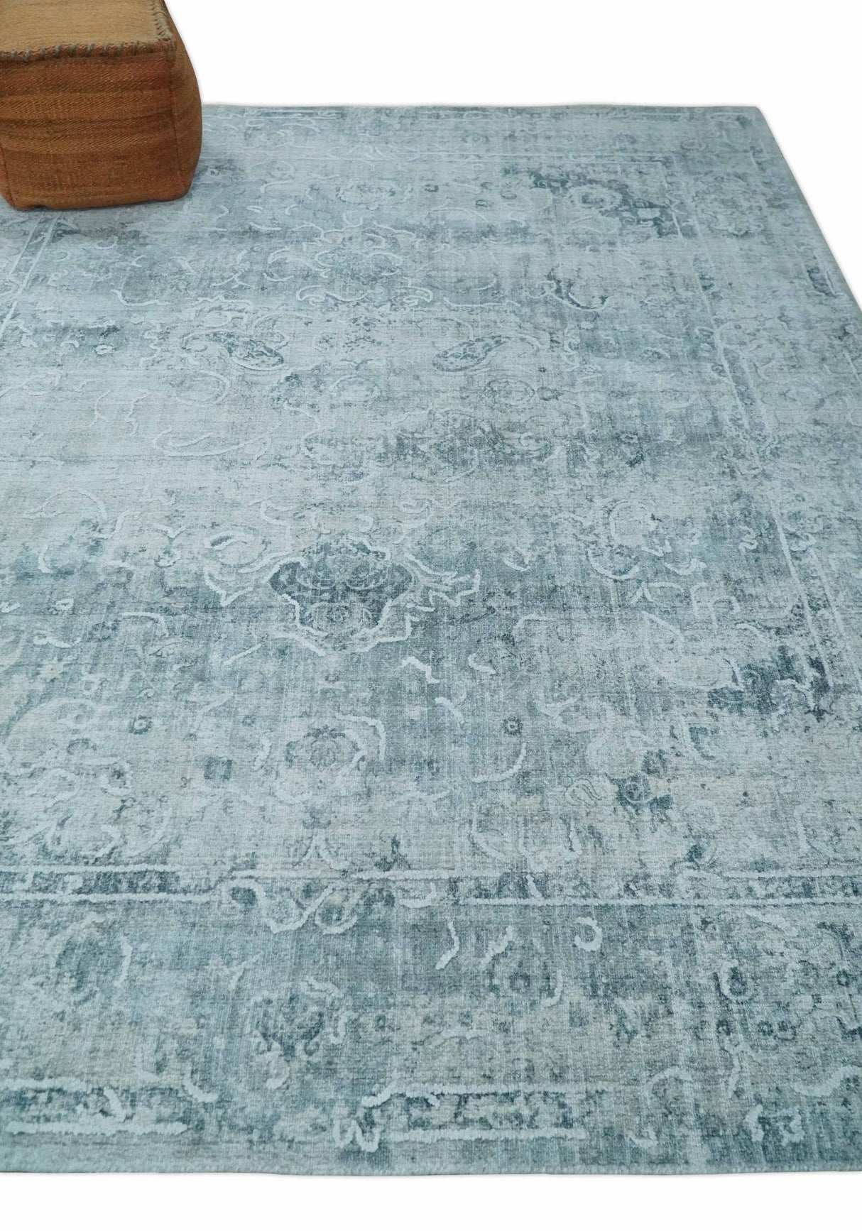 One of a Kind 8x10 Ivory, Gray and Charcoal Traditional Erased Hand Loomed Art Silk Area Rug
